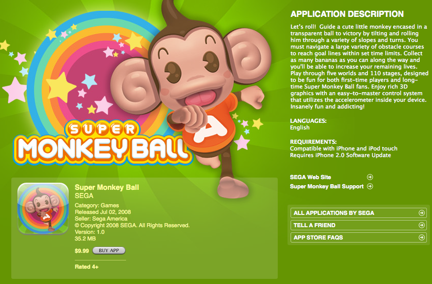 Super Monkey Ball app info page on iTunes  (2008)